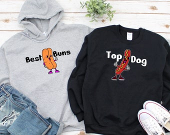 Top Dog & Best Buns Matching Food Hoodie, Hot Dog Sweatshirts, Bun Long Sleeve Shirts, Matching Shirts For Couples, Funny Gifts For Couples