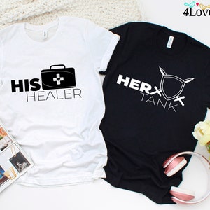Camisas combinando tanque e curandeiro, casal de jogadores, camisas de casais, camisas combinando, camisas de casais geeks, chuveiro de casais, presente de jogador para casais
