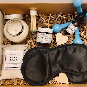 Date Night Massage Box Bubble Bath, Bath Salt, Natural Massage Oil, Massage tool, Two Sleep Mask and Soy Candle Great Anniversary Gift image 2