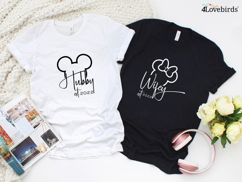 Wifey and Hubby Disney Hoodie_Couples anniversary gift_Just Married shirt_T-shirt for honeymoon trip_Bride and Groom, couples sweatshirts image 2