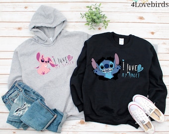 Stitch and Angel Couple Hoodie Couple Love Sweatshirt Valentine's Day Longsleeve Love T-Shirts Love Custom Shirt