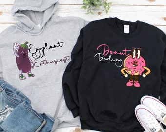 Eggplant Enthusiast & Donut Darling Matching Food Hoodie, Eggplant Sweatshirts, Donut Long Sleeve Shirts, Matching Food Shirts, Couple Gifts