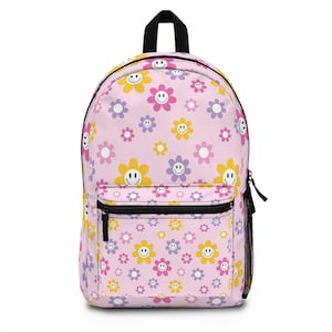Happy Smiley Pink Flowers Cute Floral Pattern Backpack