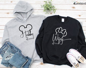 Wifey and Hubby Disney Hoodie_Couples anniversary gift_Just Married shirt_T-shirt for honeymoon trip_Bride and Groom, Bride & Groom shirt
