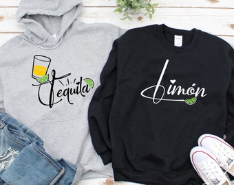 Tequila and Limon Matching Couples Hoodie, Matching Love Sweatshirts, Matching Drink Long Sleeve Shirts, Tequila Drinker Gifts, Couple Gifts