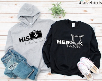 Tank and Healer Hoodies, Gamer Couple, Couples Sweatshirts, Matching Longsleeve, Geeky Couples Shirt, Couples Shower, Gamer Gift For Couples