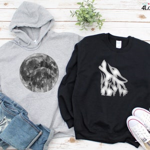 Wolf & Moon Matching Hoodie, Animal Lover Sweatshirts, Wolf Lover Long Sleeve Shirts, Nature Couple, Gifts For Couples, Christmas Gifts