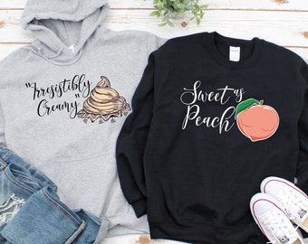 Sweet As Peach & Irresistibly Creamy Matching Hoodie, Peach Sweatshirts, Cream Long Sleeve Shirts, Matching Food Shirts, Gifts For Couples