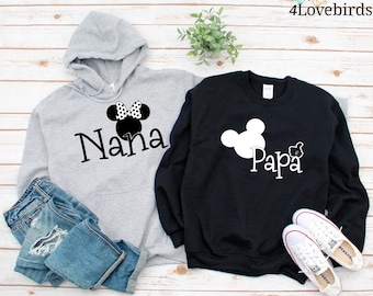 Disney NANA and PAPA Mickey Mouse Minnie Mouse Inspired Hoodies, Disney Grandparents, Cool Grandma and Grandpa T-shirts, Family Disney Trip