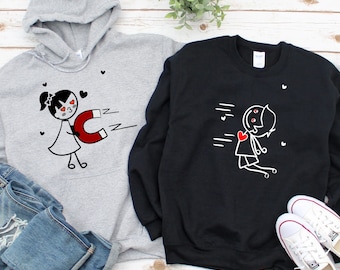 Funny Couple Magnet Matching Hoodies, Magnet Heart Sweatshirts, Funny Long Sleeve Shirt for Husband, Funny Shirt for Wife, Gifts For Couples