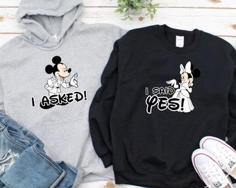 I asked/I said Yes Mickey and Minnie Matching Hoodie, Matching Mouse Sweatshirts, Cartoon Long Sleeve Shirts For Couples, Wedding Gifts