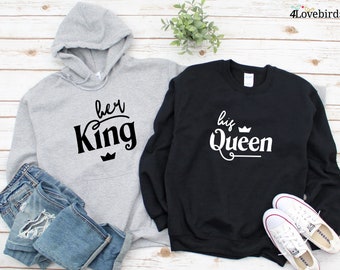 Her King and His Queen Hoodie, Lovers matching T-shirt, Gift for Couples, Valentine Sweatshirt, Boyfriend and Girlfriend Longsleeve