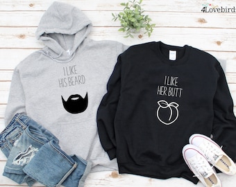 I Like Her Butt Hoodie, I Like his Beard Tshirt, Funny Couple T-shirt, Peach and Beard, Couple Sweatshirt, Matching Longsleeve