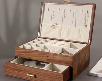 Solid Wood Jewelry Box with Drawer, Walnut Wood Storage Box, Wooden Earring Bracelet Necklace Rings Watch Organizer Box