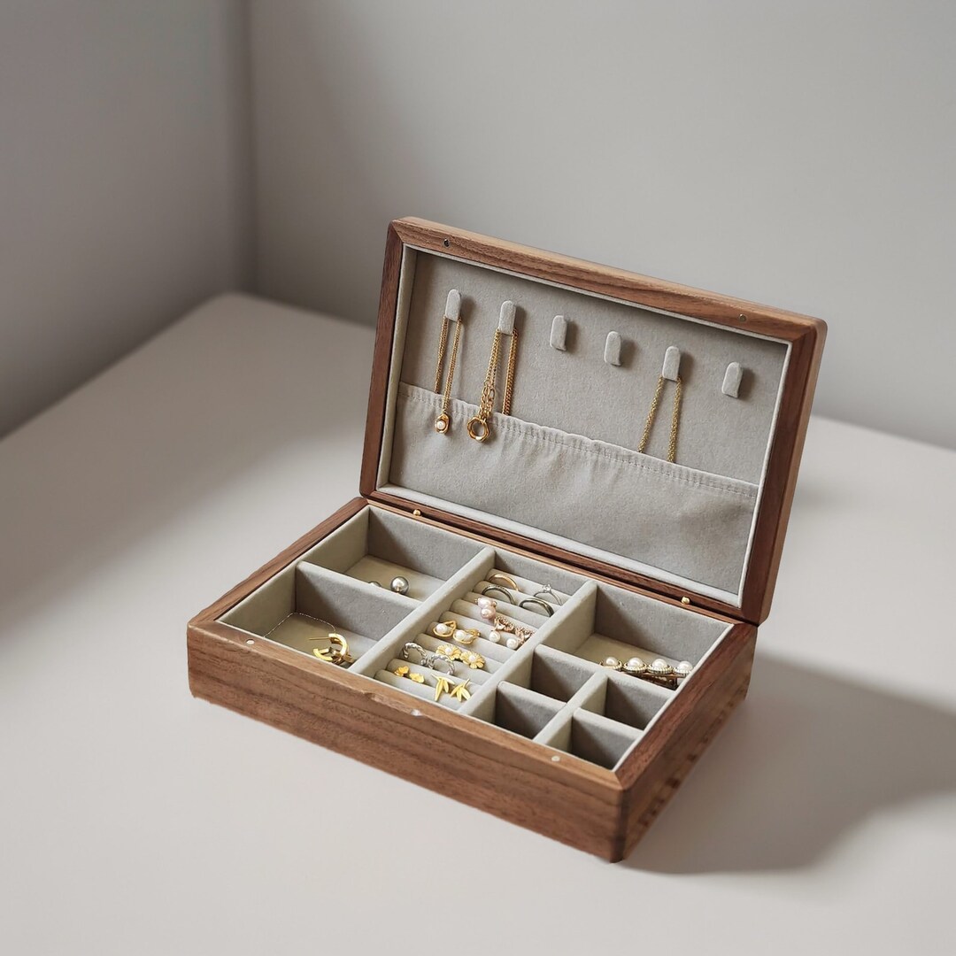 Solid Wood Jewelry Box, Large Walnut Wood Jewelry Case, Vintage Wooden