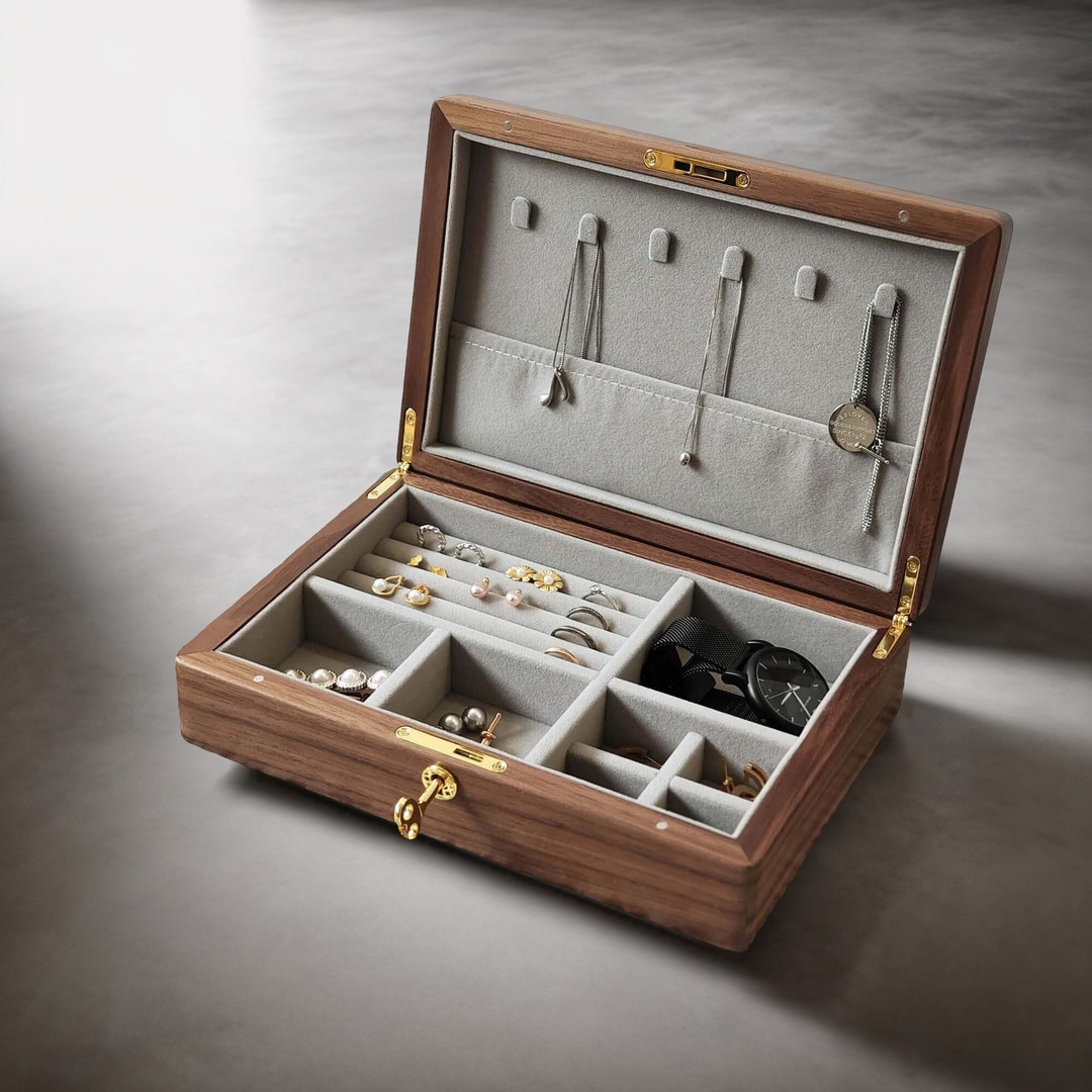 Solid Wood Jewelry Box, Large Walnut Wood Jewelry Case, Vintage Wooden