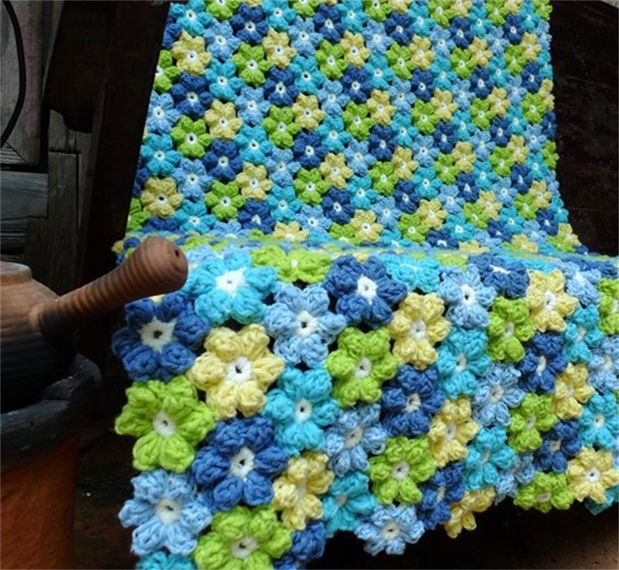 Lovely Blue Puff Flower Crochet Throw Blanket Etsy