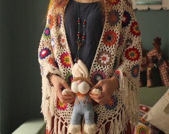 Crochet Shawl Tassel Wraps Women Big Flower Autumn Winter Scarves Poncho Christmas Gift Granny Square Scarf