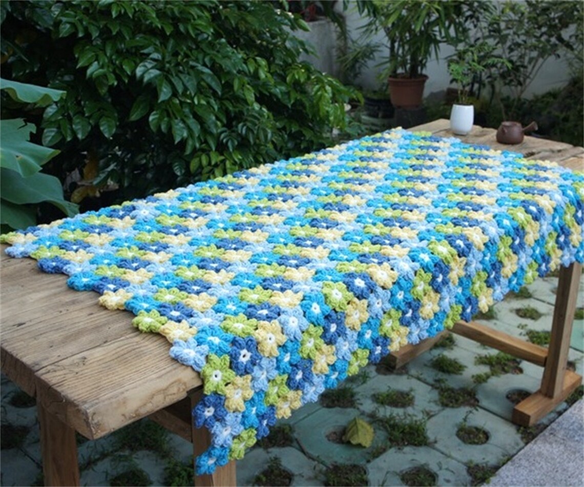 Lovely Blue Puff Flower Crochet Throw Blanket Etsy