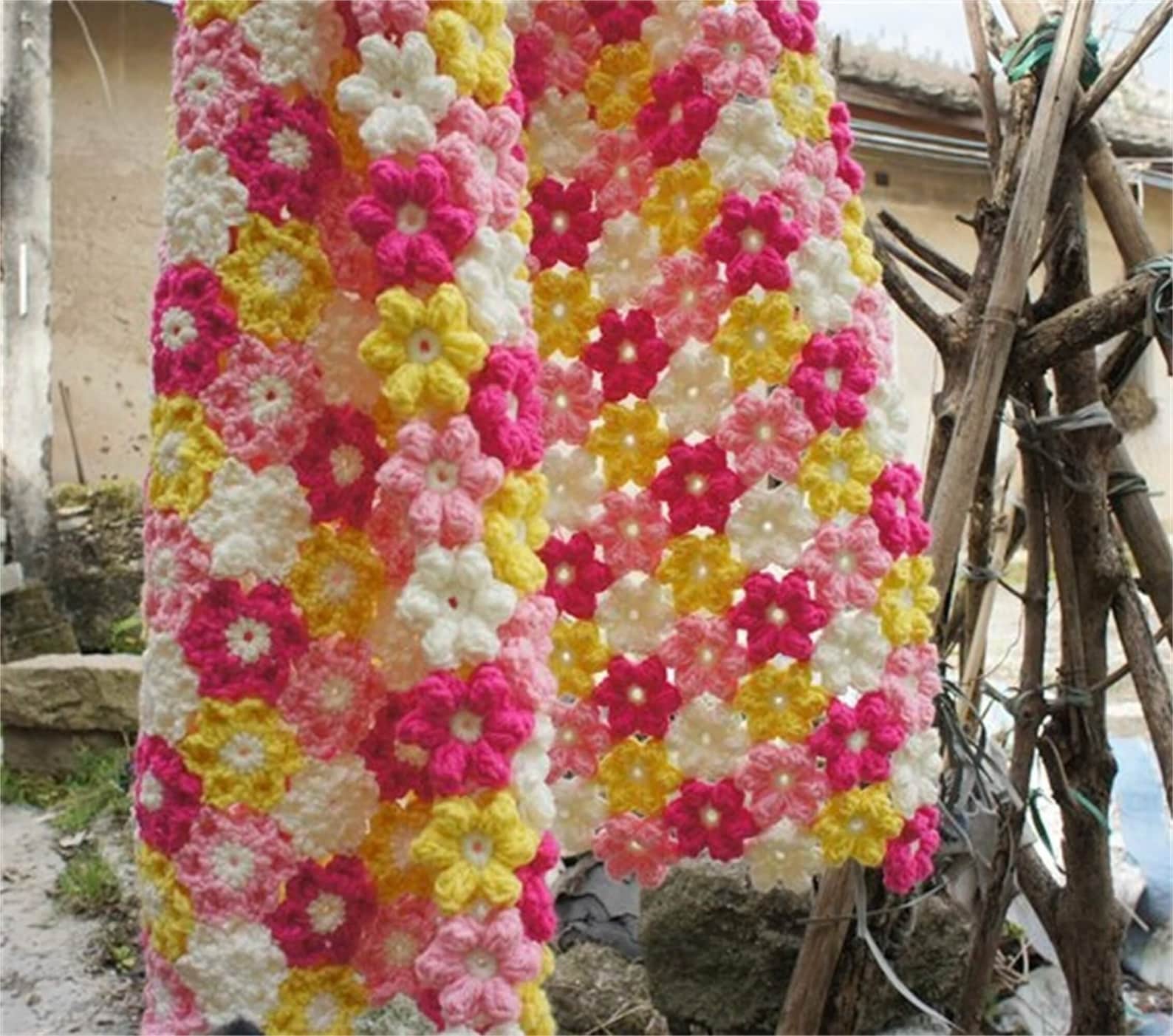 Lovely Puff Flower Crochet Throw Blanket Etsy