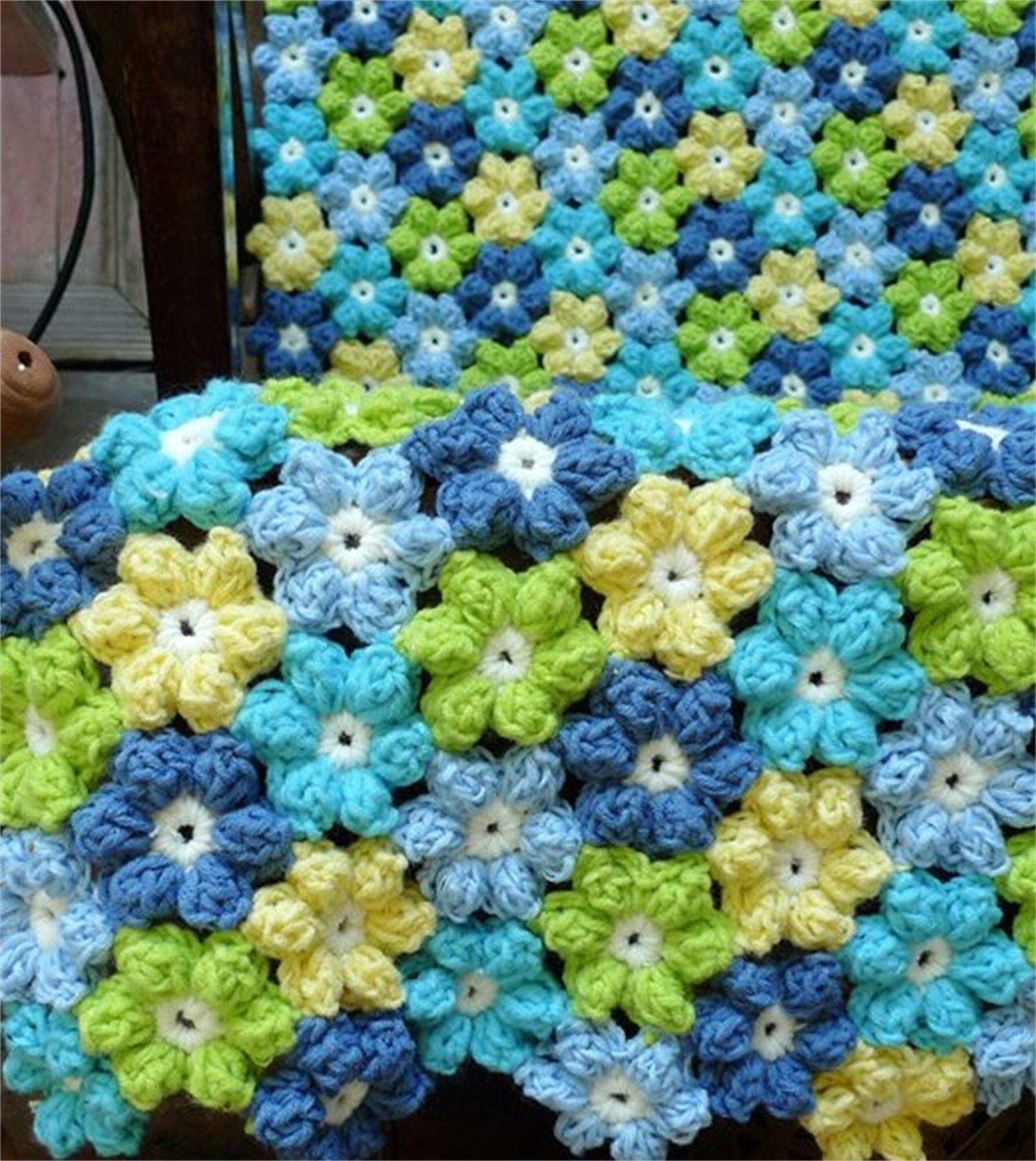 Lovely Blue Puff Flower Crochet Throw Blanket Etsy
