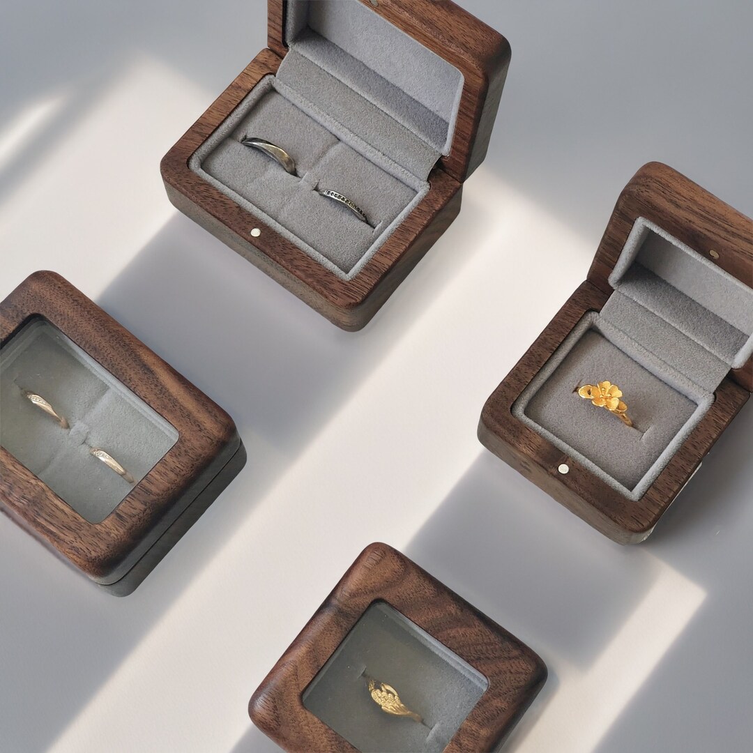 Solid Wood Ring Box Walnut Wood Engagement Wedding Ring Holder Custom Personalized Engraving