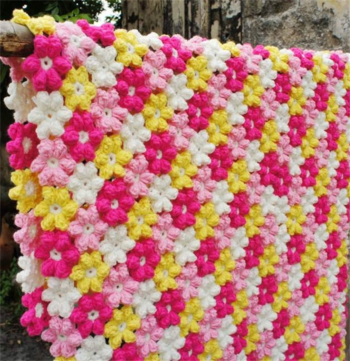 Lovely Puff Flower Crochet Throw Blanket Etsy