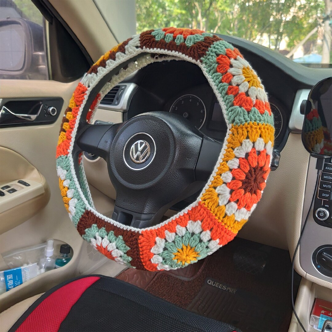 Cute Crochet Steering Wheel Covers for Women 14-15'' Sunflower Handmade  Gift Granny Square Car Interior Decoration Wheel Covers