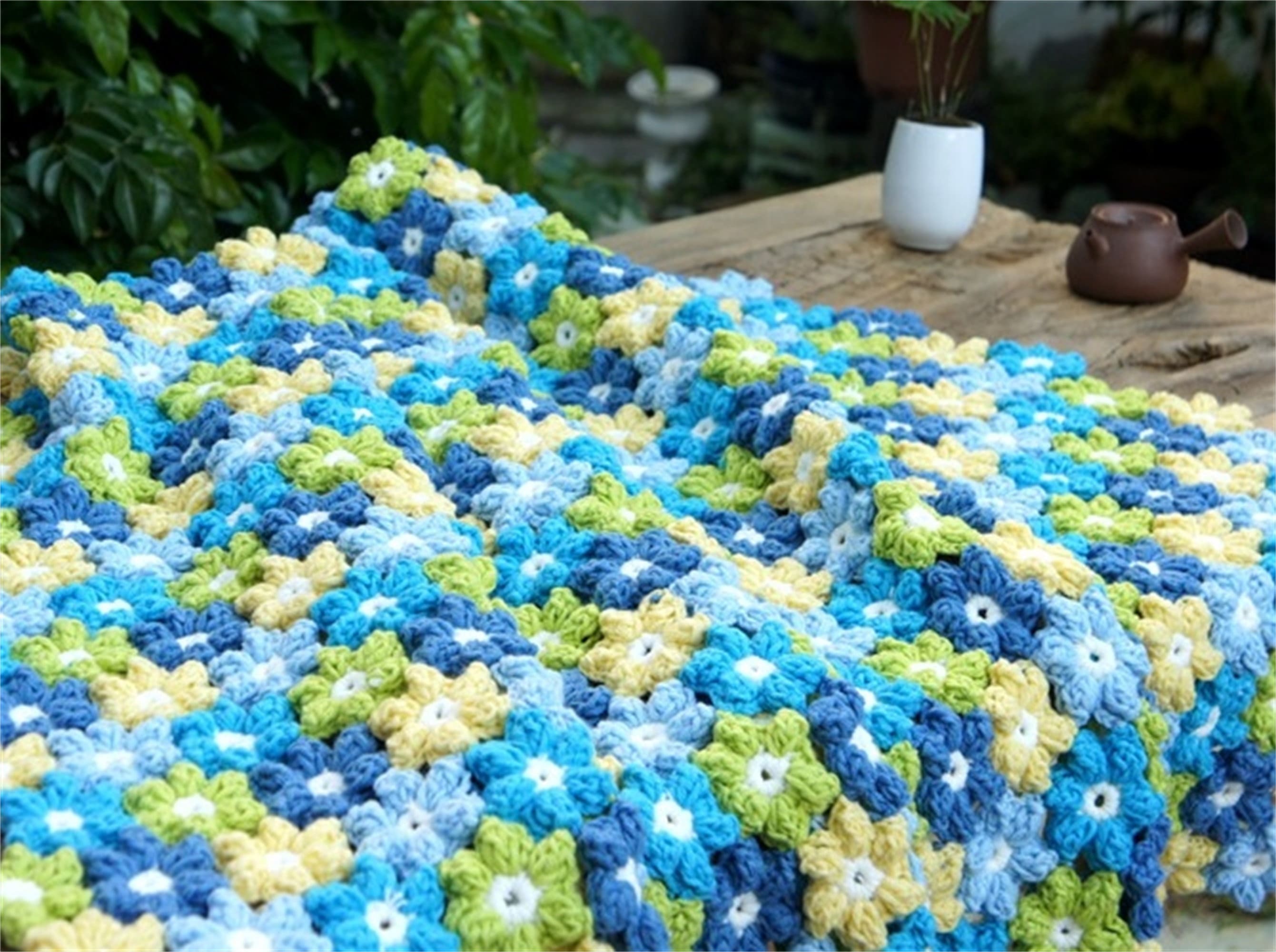 Lovely Blue Puff Flower Crochet Throw Blanket Etsy
