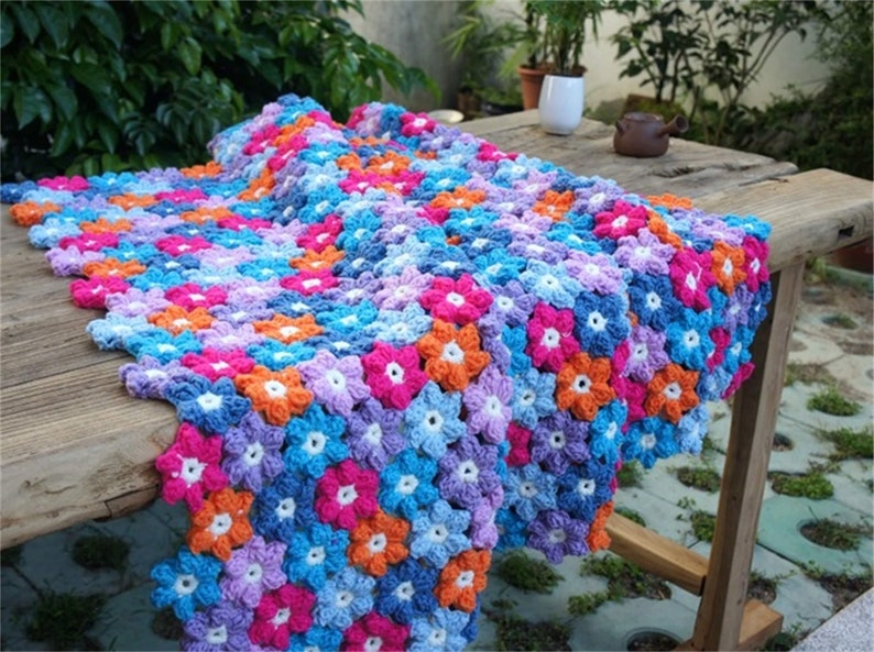 Puff Flower Crochet Throw Blanket Etsy