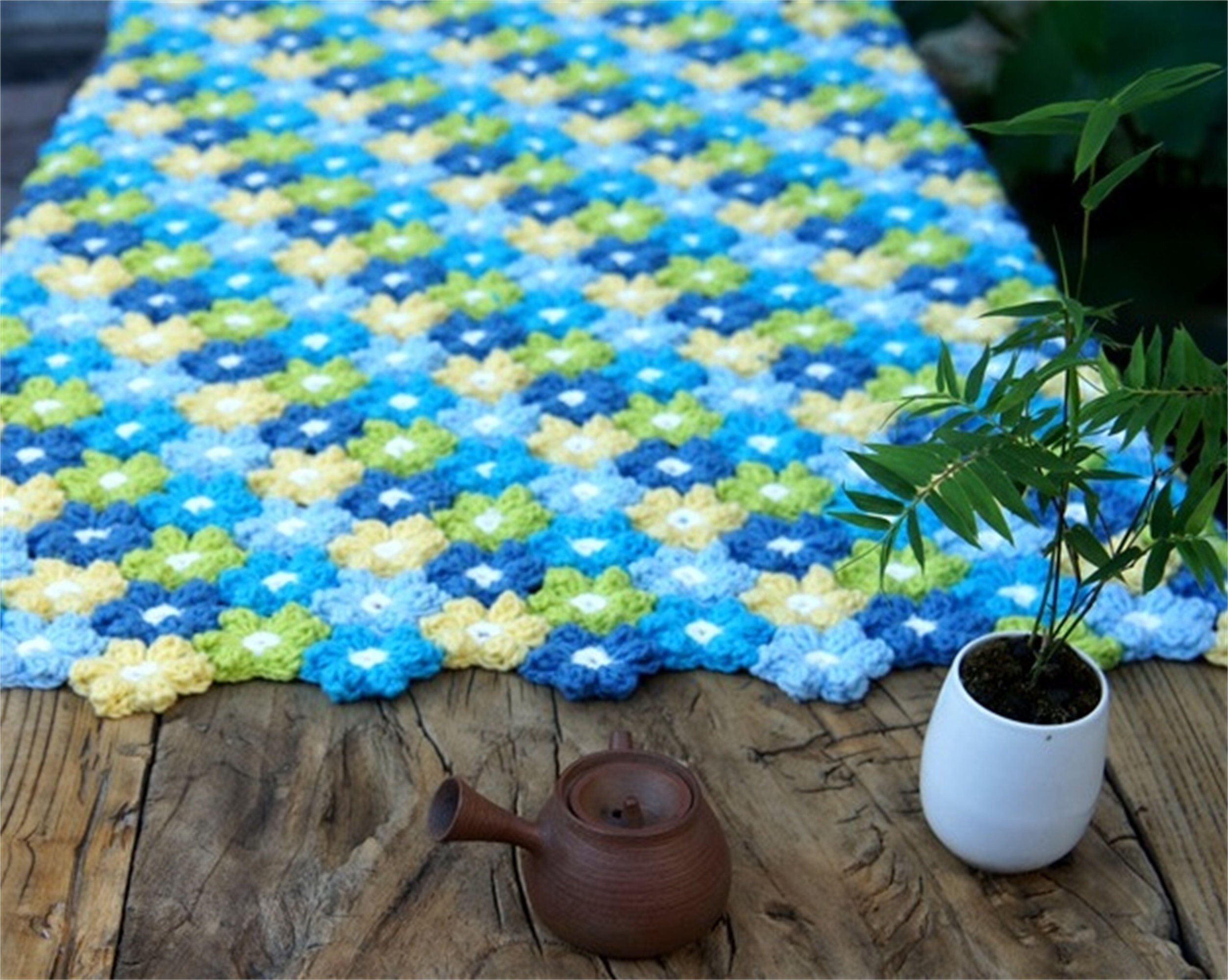 Lovely Blue Puff Flower Crochet Throw Blanket Etsy