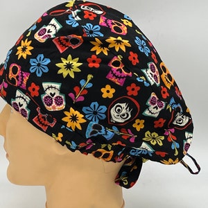 Day of the dead Print Tie Back Cap PPE, Scrub Cap, Surgical Hat, Nurse, Doctor headgear, Dentist, Vet tech, chef cap, chef wear