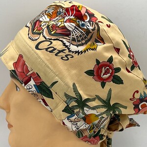 Love Cats Tie back cap PPE, Scrub Cap, Surgical Hat, Nurse, Doctor, Dentist, RDA protection, Veterinarian, Chef, Chemo cap, Welders cap