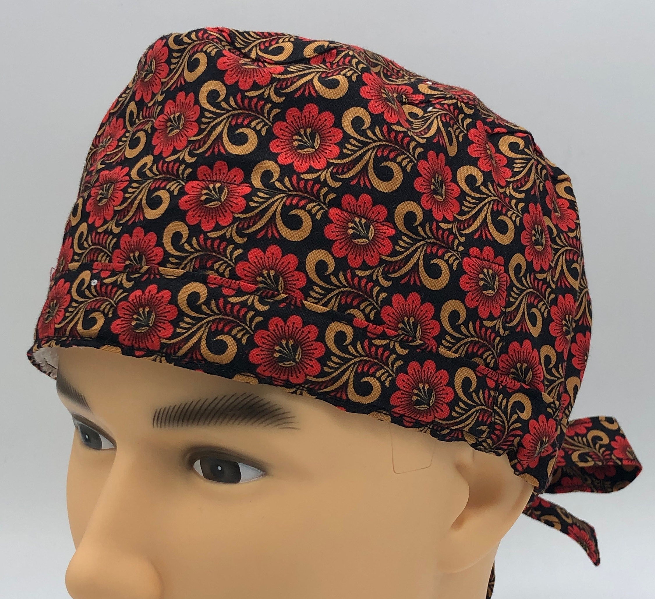 Red Flower Scrub Cap Tie Back Red Flower Unisex Back Tie Cap  display picture 3