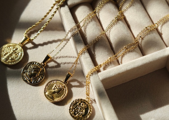 18K Gold Layer Necklace Set/Roman Coin Medallion Necklace/ Long Twist Chain Medallion Necklace/Gold Robe Chain Necklace/Gifts For Her