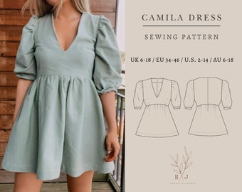 Puff sleeve gathered smock dress | PDF digital sewing pattern | easy v neck ruffle dress for beginners