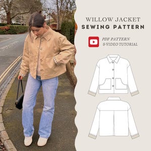 May include: A Willow Jacket sewing pattern featuring a beige button-up jacket with long sleeves, a collar, and two front pockets. The graphic includes a line drawing of the jacket front and back, along with text: Willow Jacket Sewing Pattern.