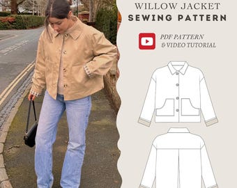 May include: A Willow Jacket sewing pattern featuring a beige button-up jacket with long sleeves, a collar, and two front pockets. The graphic includes a line drawing of the jacket front and back, along with text: Willow Jacket Sewing Pattern.