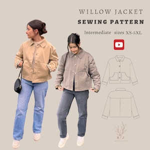 May include: Willow Jacket sewing pattern for sizes XS-5XL. The image displays two jackets with collars, front buttons, and patch pockets, one in tan and one in taupe, alongside a line drawing of the jacket front and back views.