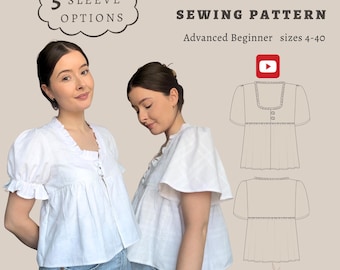 Patrón de costura para blusa Eloise: volantes, 5 opciones de mangas (patrón PDF)