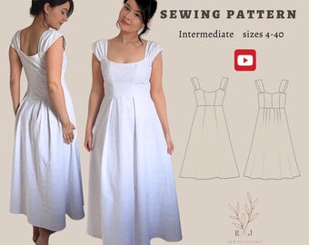 Arabella Dress PDF sewing pattern - Midi wedding guest dress | A line princess seam dress with knife pleats and bias cut skirt