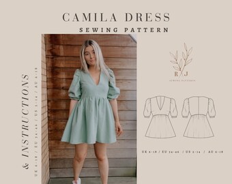 Puff sleeve gathered smock dress | PDF digital sewing pattern | easy v neck ruffle dress for beginners