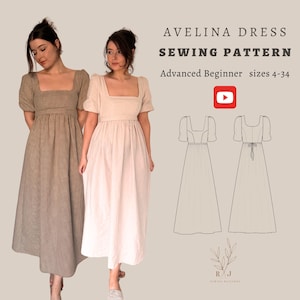 Puede incluir: Un patrón de costura para el vestido Avelina, un proyecto para principiantes avanzados. El patrón incluye instrucciones para las tallas 4-34. La imagen muestra a dos mujeres usando el vestido en diferentes telas, y un dibujo de línea del vestido.