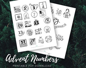 May include: Printable black and white Advent calendar numbers with illustrations. The numbers 1 through 20 are shown on the left side of the image. The right side of the image shows illustrations for the numbers 21 through 24. The text "Advent Numbers" and "Printable PDF Download" is at the bottom of the image.