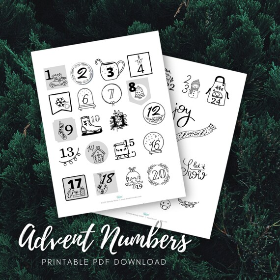 advent calendar numbers printable pdf download black and white etsy new zealand