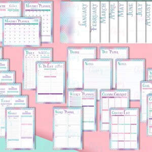 May include: A set of printable planner pages with a mermaid theme. The pages are decorated with a pastel blue and purple mermaid scale pattern. The pages include monthly planners, daily schedules, to-do lists, weekly planners, cleaning checklists, grocery lists, dot paper, notes, bill trackers, goal planners, contact lists, vision boards, and meal planners.