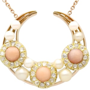 0.62ct Diamond and Coral, Pearl and 15ct Yellow Gold Necklace - Antique Victorian