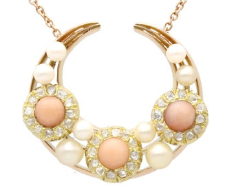 0.62ct Diamond and Coral, Pearl and 15ct Yellow Gold Necklace - Antique Victorian