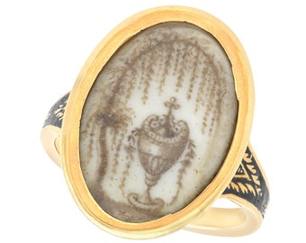 Antique Black Enamel and 18k Yellow Gold Sepia Mourning Ring