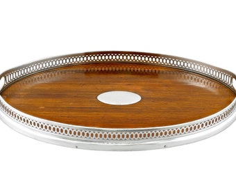 Sterling Silver and Oak Wood Galleried Tray Antique Victorian 1879